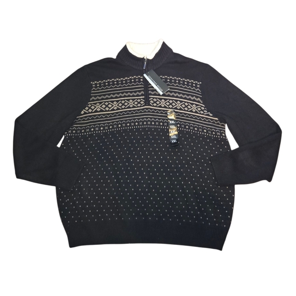 Geoffrey Beene NWT Black Beige Acrylic Fair Isle Pattern 1/4 Zip Sweater Sz XXL - Picture 1 of 12